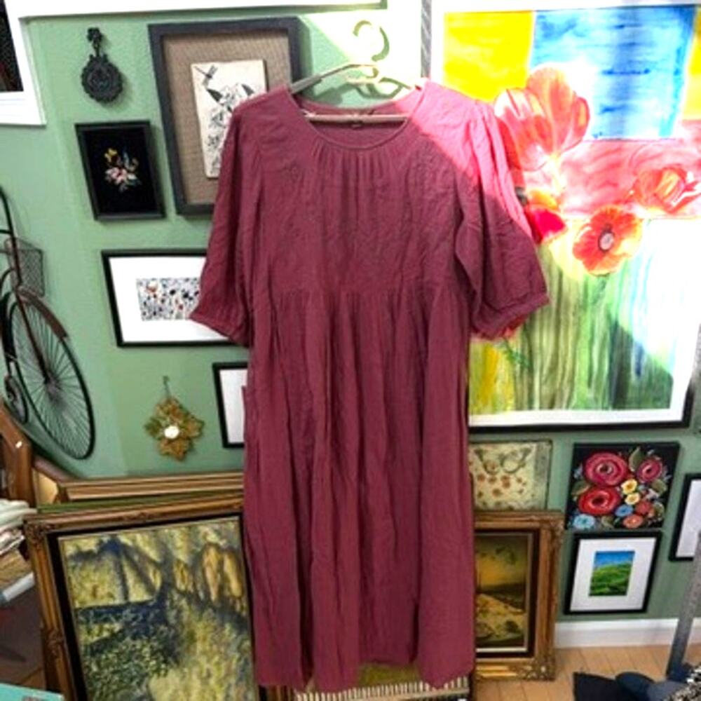 April Cornell Dress Women SZ XXL Dusty Pink Embroidered Cotton Cottagecore Midi
